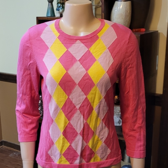 Hot pink sweater with neon-like argyle color design! Barbiecore Isaak Mizrahi! - Picture 4 of 7